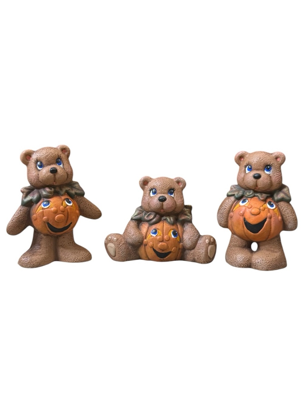 3 Vintage Hand Painted Ceramic Halloween Bears Figurines w/Pumpkin Bellies